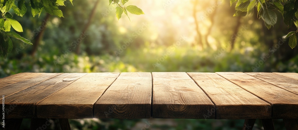 Poster Empty wooden table set against a natural background. with copy space image. Place for adding text or design