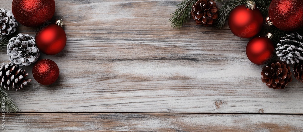 Leinwandbilder Red Christmas ornaments and pine cones on the wooden table top view. with copy space image. Place for adding text or design
