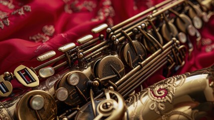 Naklejka premium Close-up of a Saxophone's Brass Keywork on a Red Fabric Background