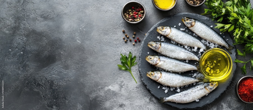Poster slate plate featuring salted herrings oil and spices on a grey table closeup room for text. with cop