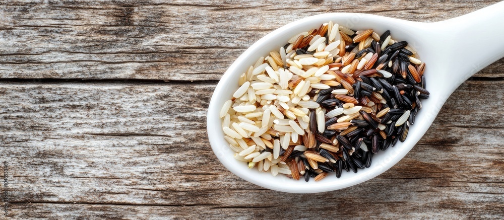 Aufkleber a blend of white brown wild and black rice in a white ceramic spoon set against a weathered wood bac