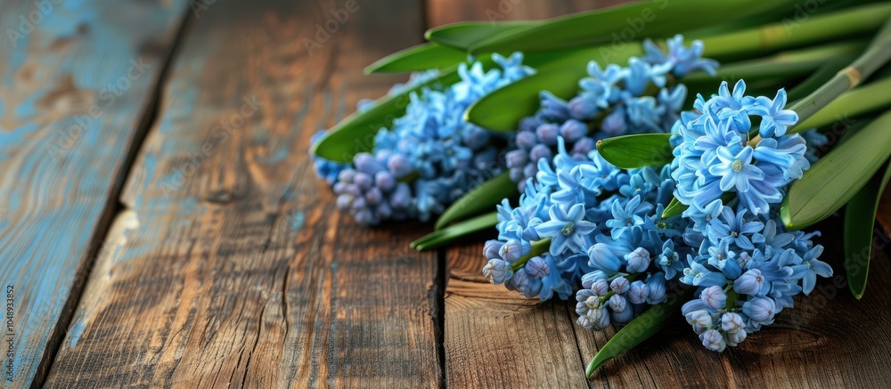 Aufkleber bouquet of hyacinth flowers on a wooden table easter card template includes space for your messages.
