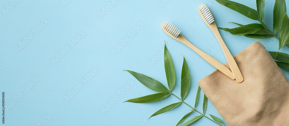 Poster bamboo toothbrush and eco bag placed on a table with copyspace on a blue background styled flat lay 