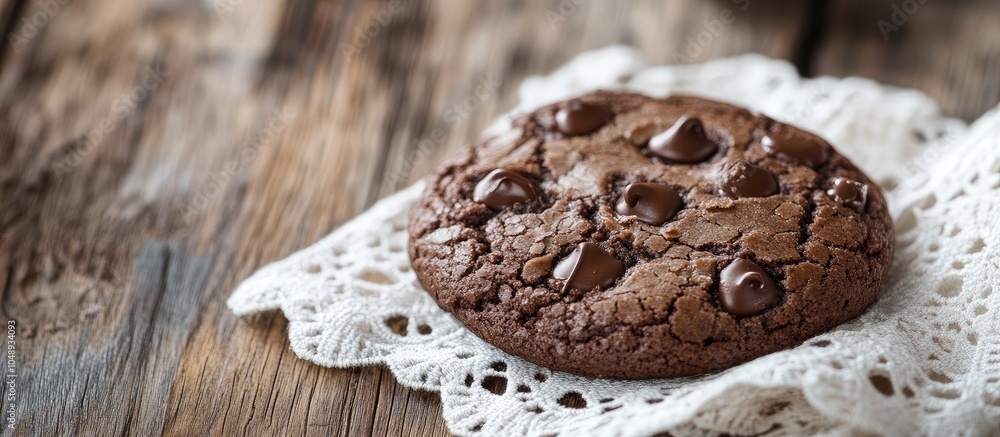 Leinwandbilder chocolate cookie placed on a white lace napkin on a wooden table. with copy space image. place for a