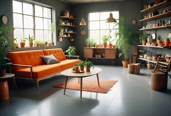 Obraz premium Realistic kitchen interior, orange sofa, gray floor, wooden table, loft style, super details, soft lighting, Night light in cozy interier sale website banner in yellow, orange background color, minima