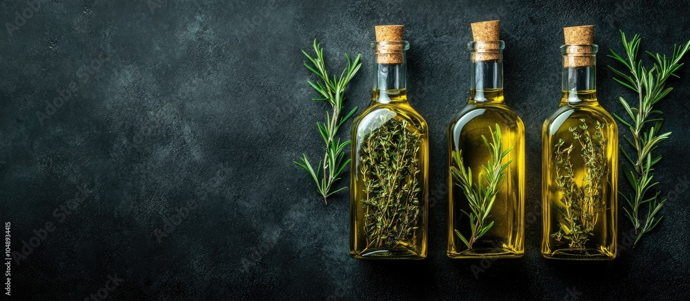 Poster Herb infused olive oil in clear bottles against a dark backdrop Rustic Top view. with copy space image. Place for adding text or design