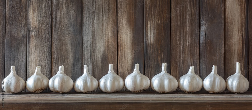 Poster garlic is arranged in a line on a rustic wooden backdrop copy empty space for text