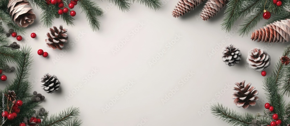 Poster Christmas invitation frame featuring empty copyspace for text with a New Year theme and Christmas cones