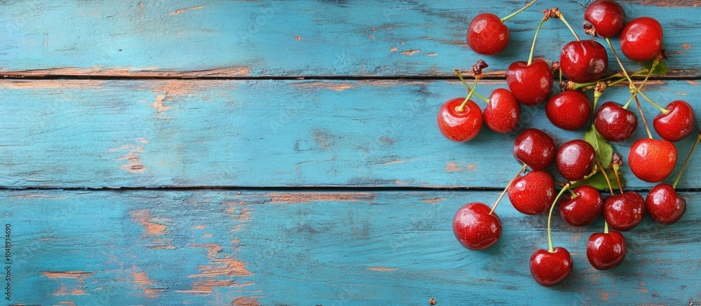 Poster sour cherry fruits on a weathered blue wooden table background. with copy space image. place for add