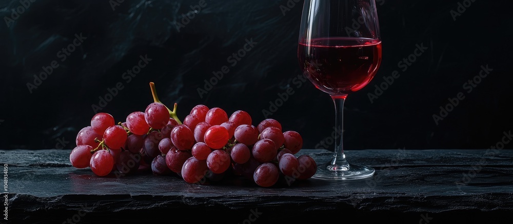 Poster A side view of a glass of red wine and grapes on a black wooden table. with copy space image. Place for adding text or design
