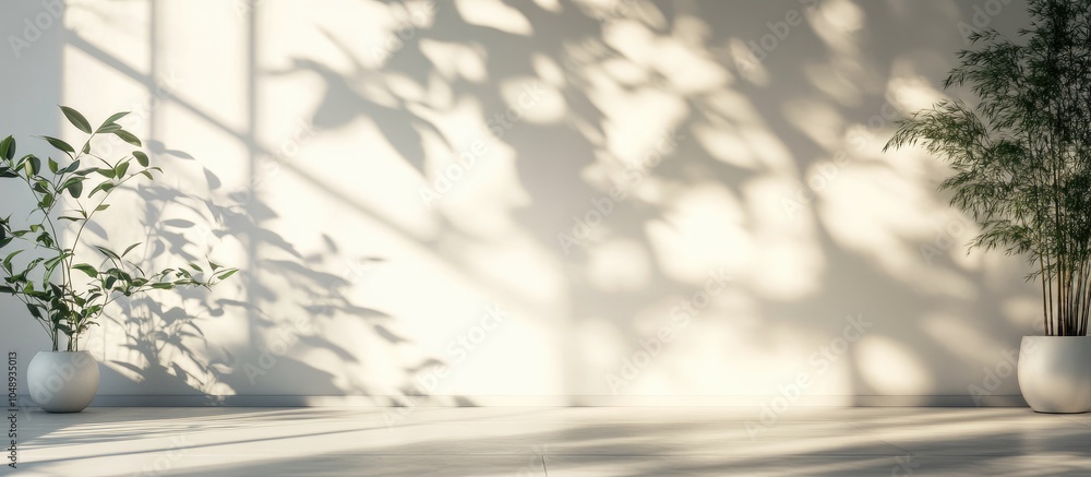 Fototapete Blurred shadows from natural light create an overlay effect on a white wall serving as a background for product presentations with a summer theme. with copy space image