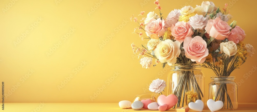 Poster a bouquet of pink and white roses heart shaped stones and flowers on jars against a yellow backgroun