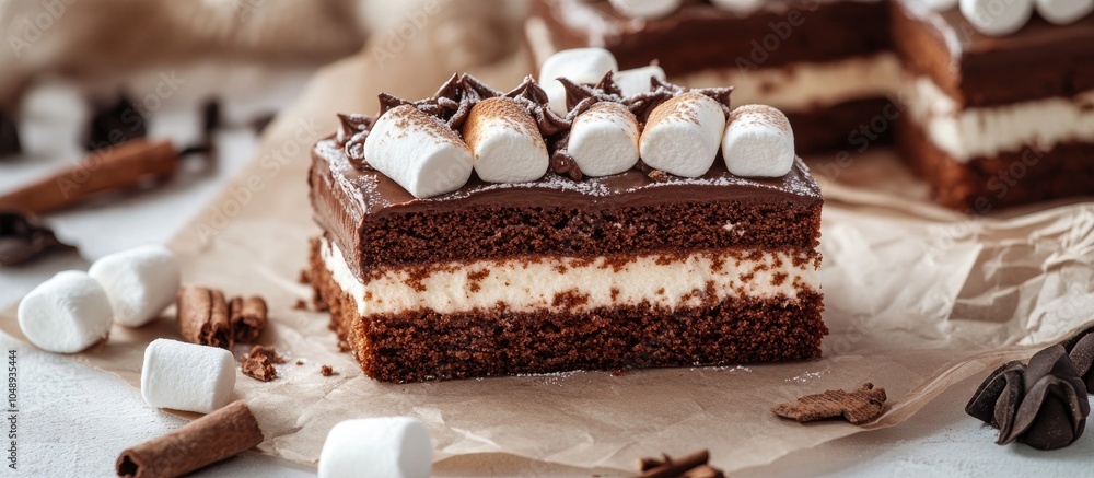 Aufkleber Chocolate cake slices made from cookies and cocoa topped with marshmallows displayed on bakery paper High key still life food style in a Hugge Scandinavian Nordic aesthetic. with copy space image