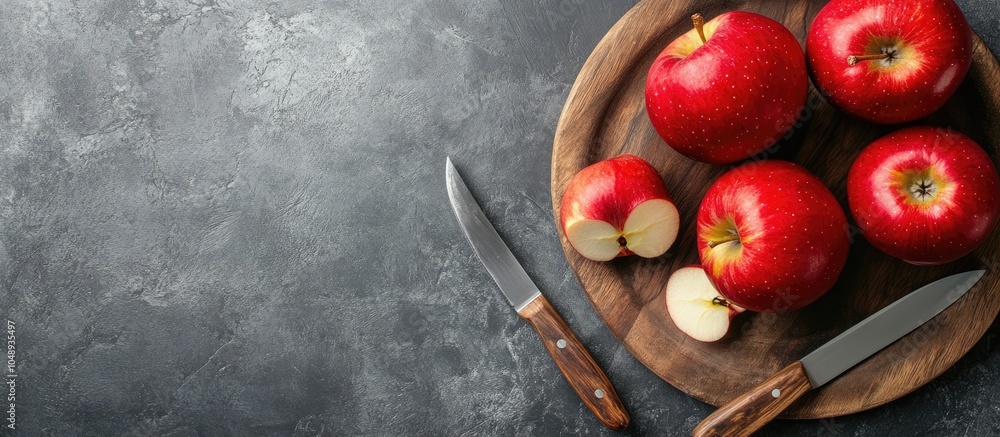 Poster ripe red delicious apples on a wooden plate alongside a knife. with copy space image. place for addi