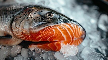 Close-up of Fresh Salmon Fillet on Ice
