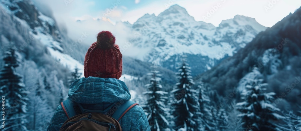 Aufkleber A person gazing at the mountains during a winter hike. with copy space image. Place for adding text or design