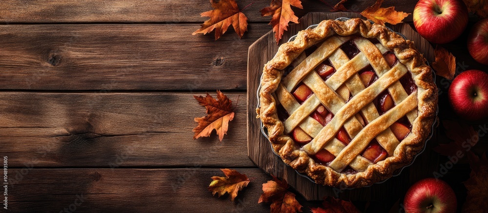 Poster homemade traditional apple pie with red apples and leaves on a wooden table seen from above. with co