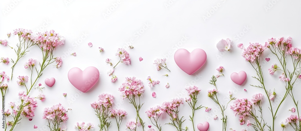Poster pink heart shapes and flowers for valentine s day on a white background celebrating the valentine s 