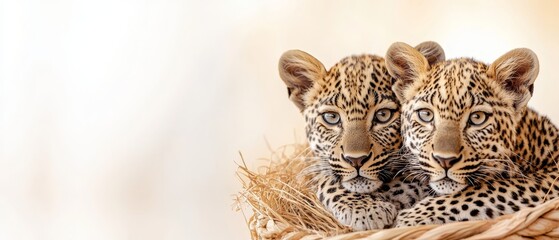 Naklejka premium Two baby cheetahs in a basket against a white backdrop, surrounded by a bed of dry grass