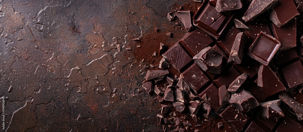 Leinwandbilder Different kinds of chocolate pieces crushed on a dark surface chocolate background with a space for text top view. with copy space image. Place for adding text or design