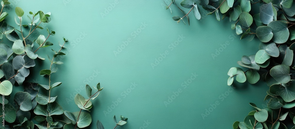 Leinwandbilder flat lay of tropical eucalyptus green leaves on mint sage background. with copy space image. place f