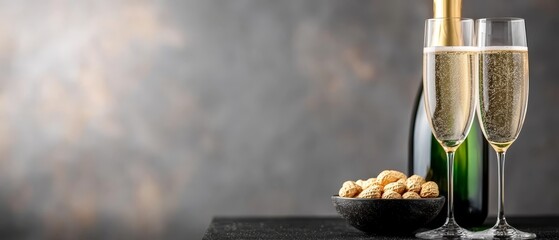  A glass of champagne and a bottle next to it, along with a bowl filled with gold nuggets on the table