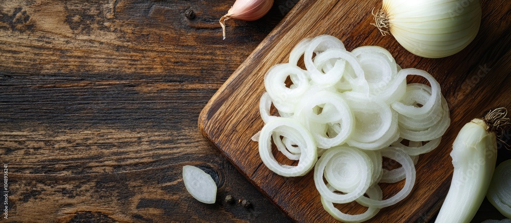 Poster sliced onions on a cutting board. with copy space image. place for adding text or design