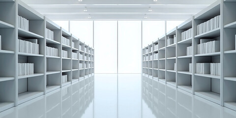 Obraz premium View into a large library, in modern bright architecture, resting places of knowledge and encounter