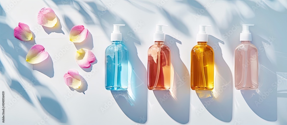 Poster mockup three transparent bottles containing various colored cosmetic oils placed on a white surface 