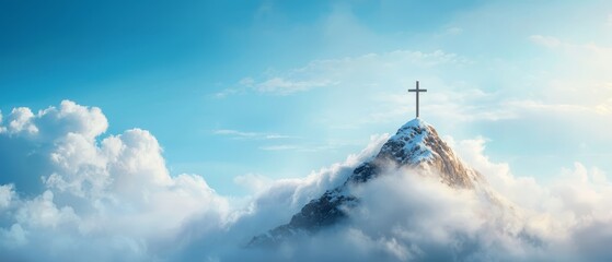  A cross atop a mountain, surrounded by clouds, bears another cross in its midst