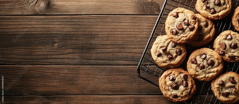 Fototapete vertical top view of chocolate chip cookies on a wire rack with selective focus on a wooden table fe