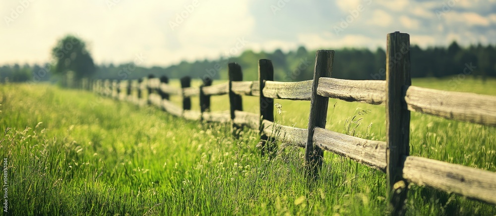Poster countryside scenery wooden fence in a grassy field. with copy space image. place for adding text or 