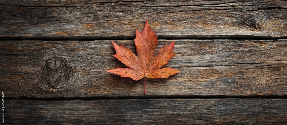 Poster maple leaf on aged wooden plank. with copy space image. place for adding text or design
