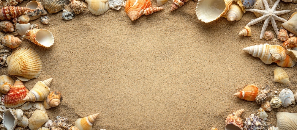 Aufkleber seashells scattered in the sand summer backdrop beach texture copyspace top view