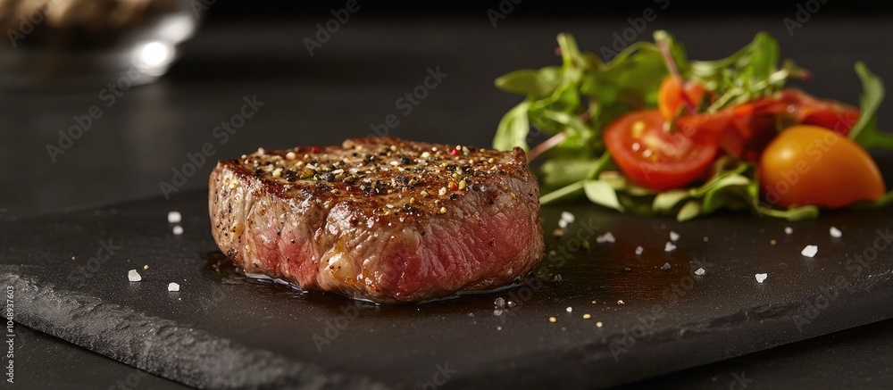 Leinwandbilder homemade beef steak cooked rare seasoned with pepper and salt accompanied by a small salad. with cop