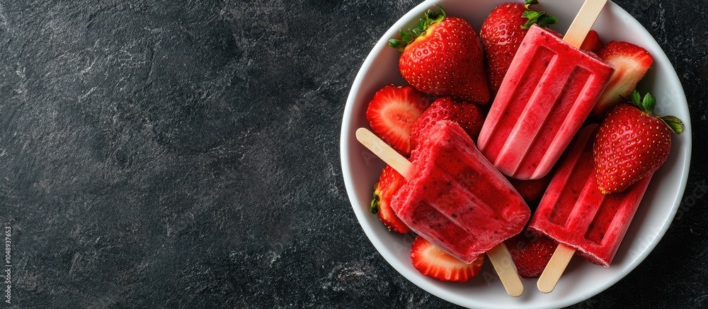 Aufkleber strawberry ice cream popsicles on a white plate against a dark background with copy space fresh stra