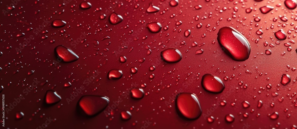 Aufkleber close up view of water droplets on a red background in horizontal orientation featuring copyspace wa