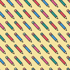 Vibrant and Fun Cartoon Pencils Seamless Pattern. Perfect for school, stationery, and office-themed designs, adding a playful and creative touch.