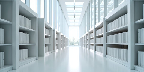 Obraz premium View into a large library, in modern bright architecture, resting places of knowledge and encounter