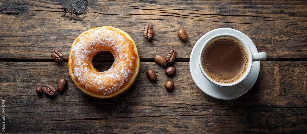 Aufkleber espresso alongside a glazed donut on a wooden table viewed from above featuring copy space