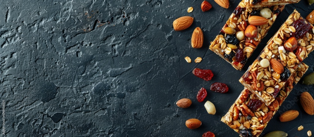 Poster granola bars containing nutritious nuts and dried fruits. with copy space image. place for adding te