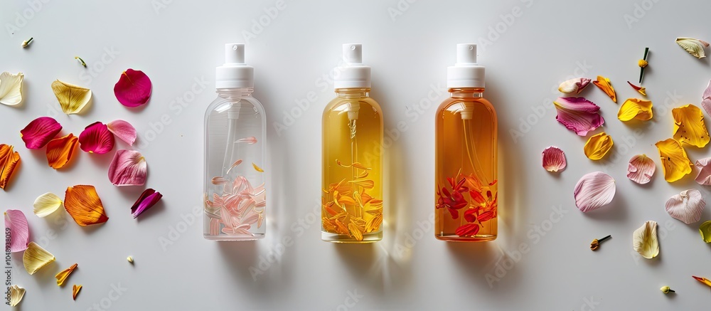 Aufkleber mockup three transparent bottles containing various colored cosmetic oils placed on a white surface 