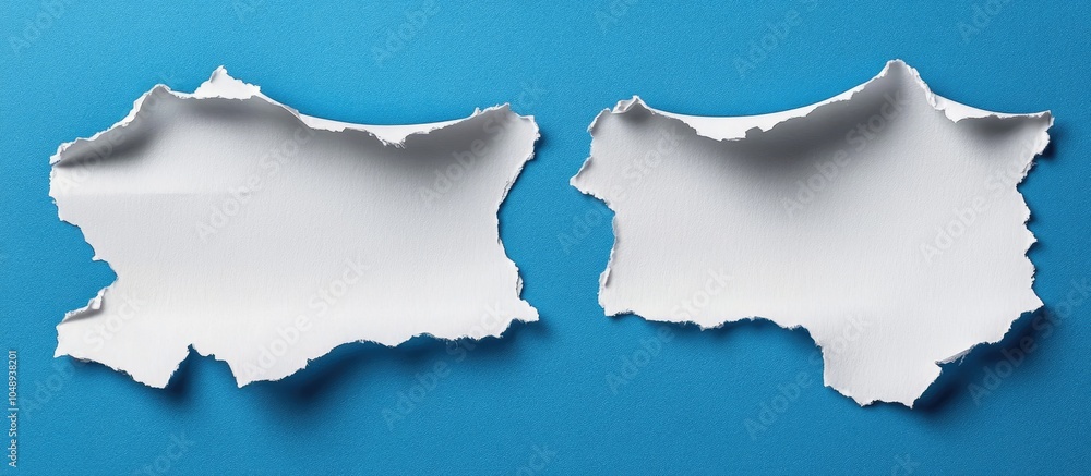 Poster two ripped white paper strips with room for text on a blue cardboard backdrop torn paper texture cop