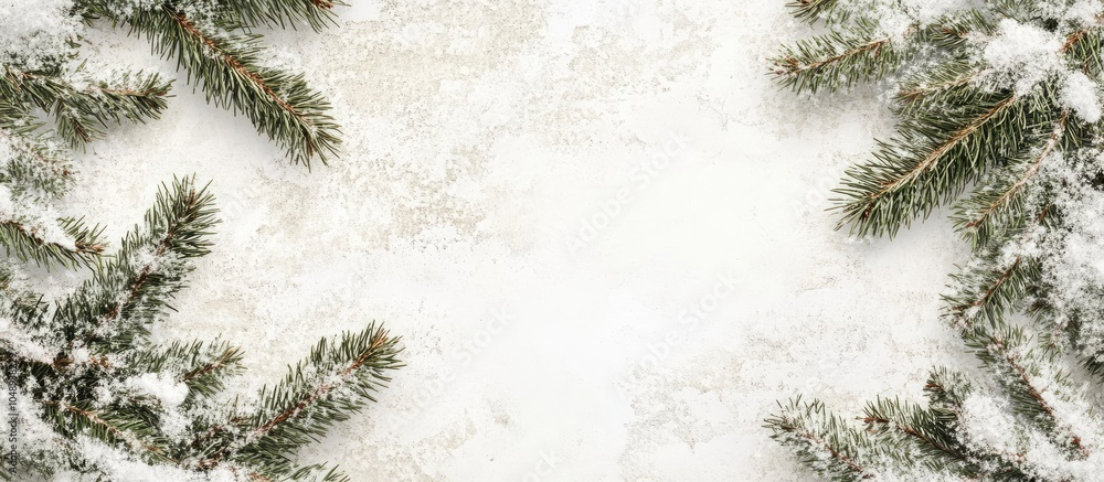 Poster spruce fir abstract background border with snow on a weathered white background. with copy space ima