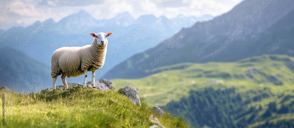 Aufkleber sheep on a mountain slope with a pasture background outdoors. with copy space image. Place for adding text or design