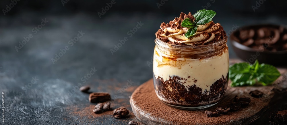 Aufkleber Classic Italian dessert tiramisu served in a glass jar. with copy space image. Place for adding text or design