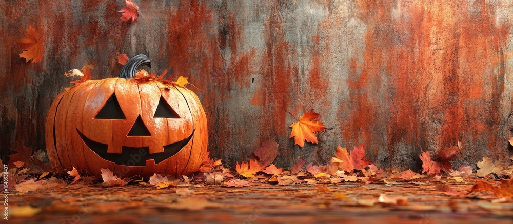 Aufkleber Halloween pumpkin and fall leaves. with copy space image. Place for adding text or design