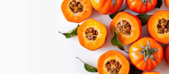 Whole and sliced persimmons fresh organic farm fruit on a white backdrop Isolated copy space