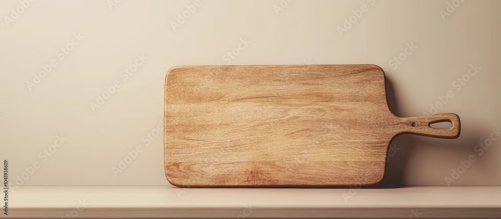Poster empty rectangular wooden cutting board on a simple background flatly positioned with copy space kitc