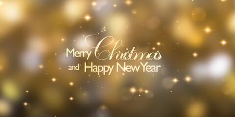golden merry christmas card and happy new year text message with sparkling stars isolated on blurred festive background, abstract bright backdrop for holiday greetings